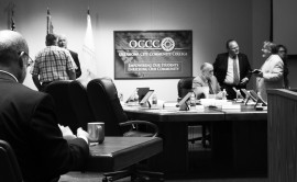 Oklahoma City Community College President Jerry Steward, second from right, talks to members of the college’s Board of Regents during Monday’s meeting. Photo by Savannah Melher/Pioneer