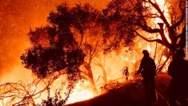 In this Sunday, Dec. 10, 2017 photo released by Santa Barbara County Fire Department firefighters knock down flames as they advance on homes atop Shepherd Mesa Road in Carpinteria, Calif. A flare-up on the western edge of Southern California's largest and most destructive wildfire sent residents fleeing Sunday, as wind-fanned flames churned through canyons and down hillsides toward coastal towns. Crews with help from water-dropping aircraft saved several homes as unpredictable gusts sent the blaze churning deeper into foothill areas northwest of Los Angeles that haven't burned in decades. New evacuations were ordered in Carpinteria, a seaside city in Santa Barbara County that has been under fire threat for days. (Santa Barbara County Fire Department via AP)